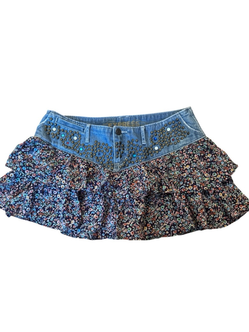 Y2K Express Denim & Floral Ruffle Micro Mini Skirt | Studs Gems Boho Festival - Picture 3 of 13
